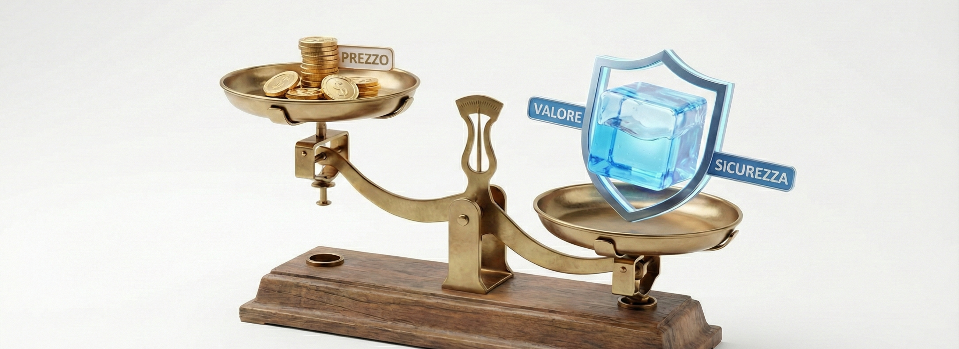 Illustrazione concettuale di una bilancia che confronta il prezzo basso (rappresentato da monete) con il valore reale, la sicurezza e la qualità tecnica di una piscina professionale, che risulta avere un peso maggiore.