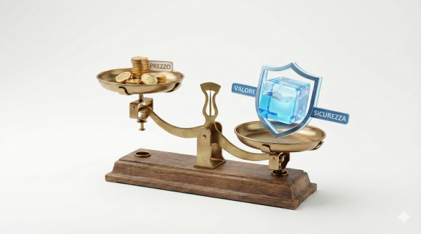 Illustrazione concettuale di una bilancia che confronta il prezzo basso (rappresentato da monete) con il valore reale, la sicurezza e la qualità tecnica di una piscina professionale, che risulta avere un peso maggiore.